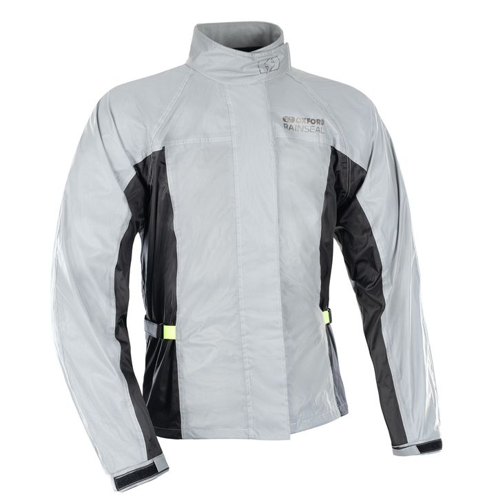 A light gray motorcycle rain jacket with black accents and reflective details, featuring the "Oxford Rainseal" logo on the chest.