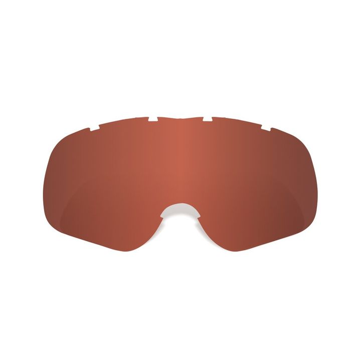 Sunglass lenses with an orange tint and a notch for the nose, presented on a white background.