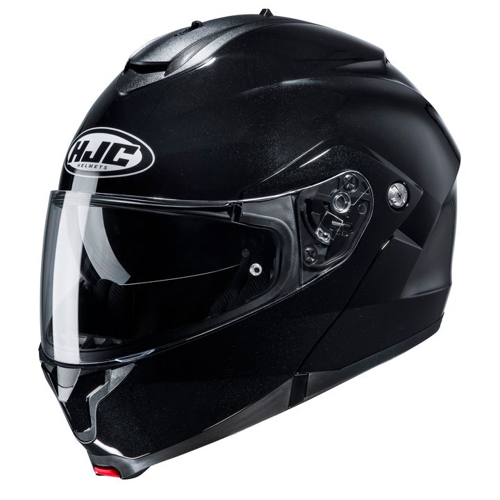 Black motorcycle helmet with a clear visor and HJC logo on a white background.