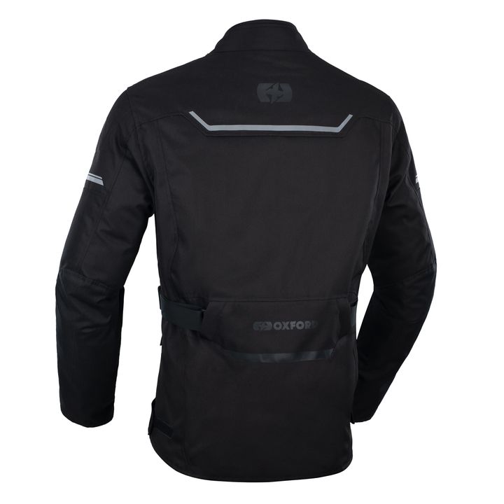 A black motorcycle jacket with reflective stripes and the logo 'OXFORD' on the lower back, viewed from the rear.