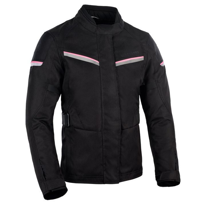 A black motorcycle jacket with a mandarin collar, pink and white accent stripes on the chest, and a buckle at the waist.