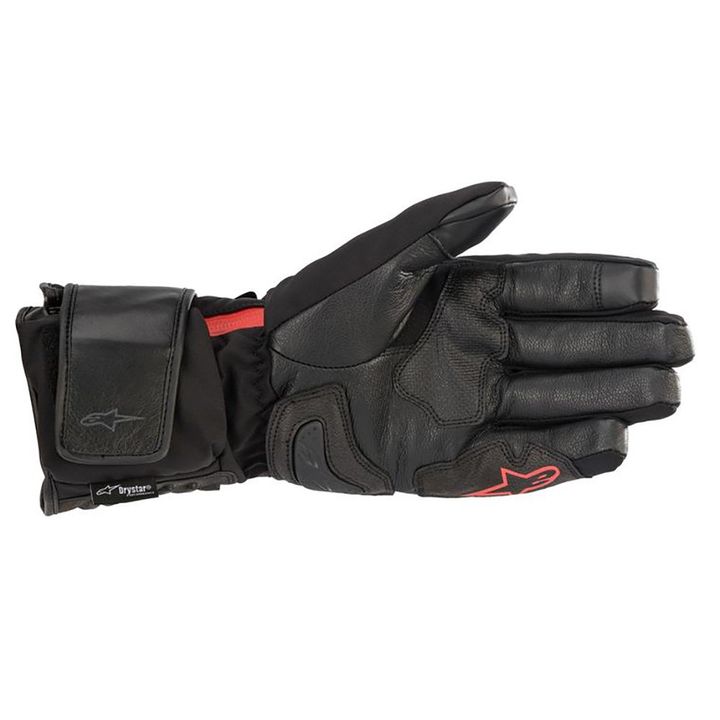 A single black motorcycle glove with reinforced sections and red accents, displayed against a white background.