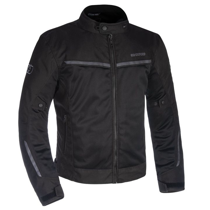 Oxford Arizona 1.0 Air Jacket A black motorcycle jacket with the Oxford logo on the chest, featuring reflective stripes, a front zipper, and a stand-up collar.