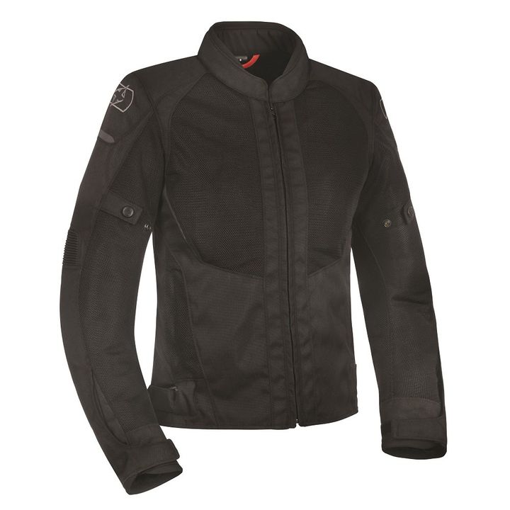 A black motorcycle jacket with mesh paneling, zip closure, and shoulder and elbow protectors on a white background.