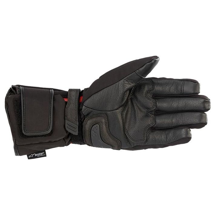 A single black motorcycle glove with reinforced sections and a Velcro wrist strap against a white background.