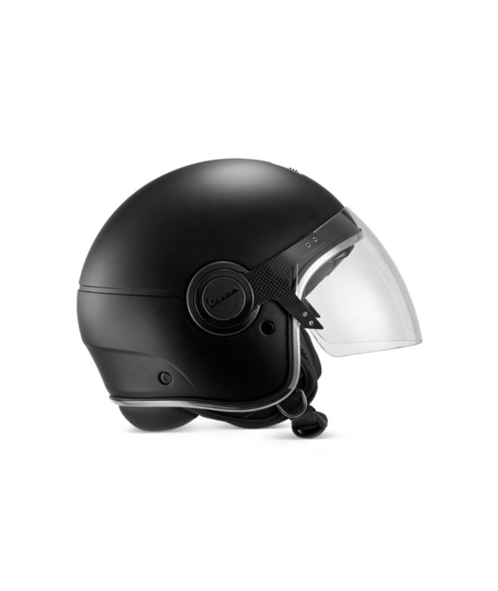 A black Vespa motorcycle helmet with a clear visor on a white background.