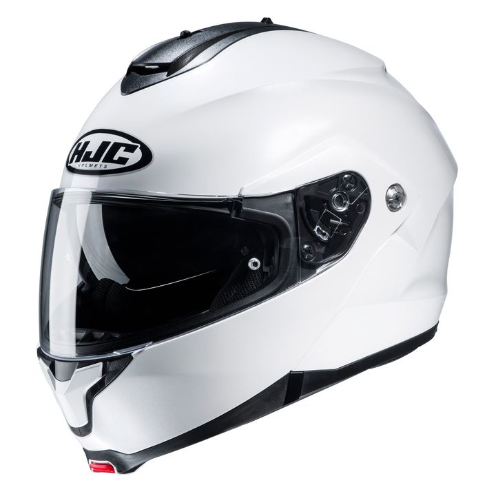 A white HJC motorcycle helmet with a closed visor against a white background.