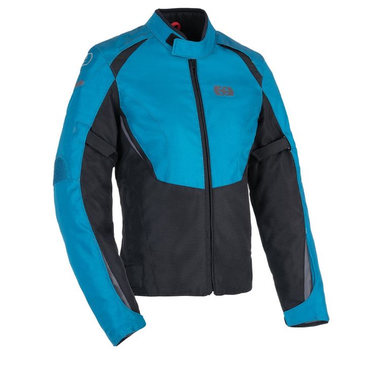 Oxford Iota 1.0 Women's Jacket A motorcycle jacket in black and blue with shoulder and elbow padding, and a visible brand logo on the chest.