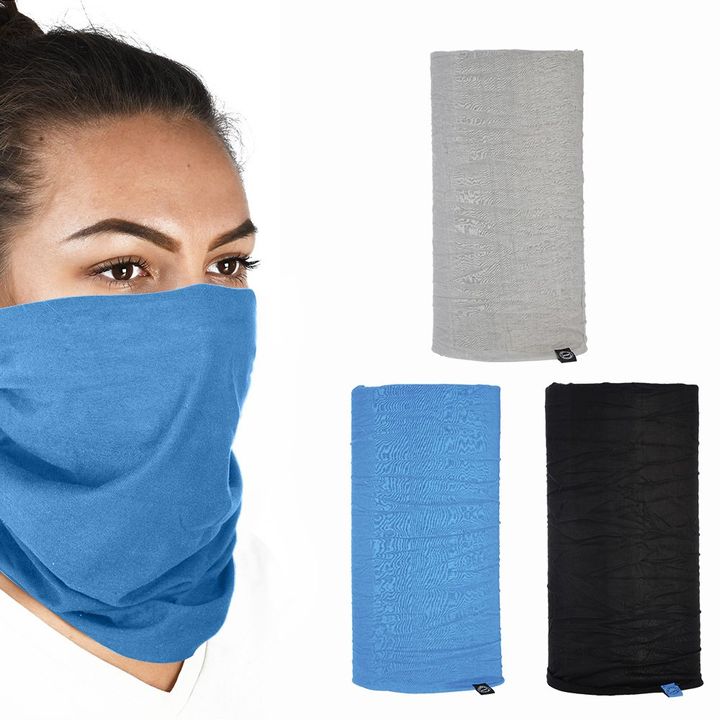 A collage featuring three images: on the left, a woman is seen wearing a blue neck gaiter over her nose and mouth; on the right, three rolled-up neck gaiters in gray, blue, and black are displayed vertically.