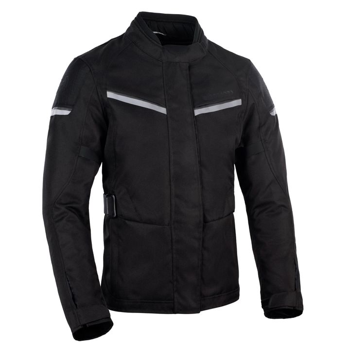 A black motorcycle jacket with reflective stripes on the chest and arms, featuring a high collar and a buckle on the left side.