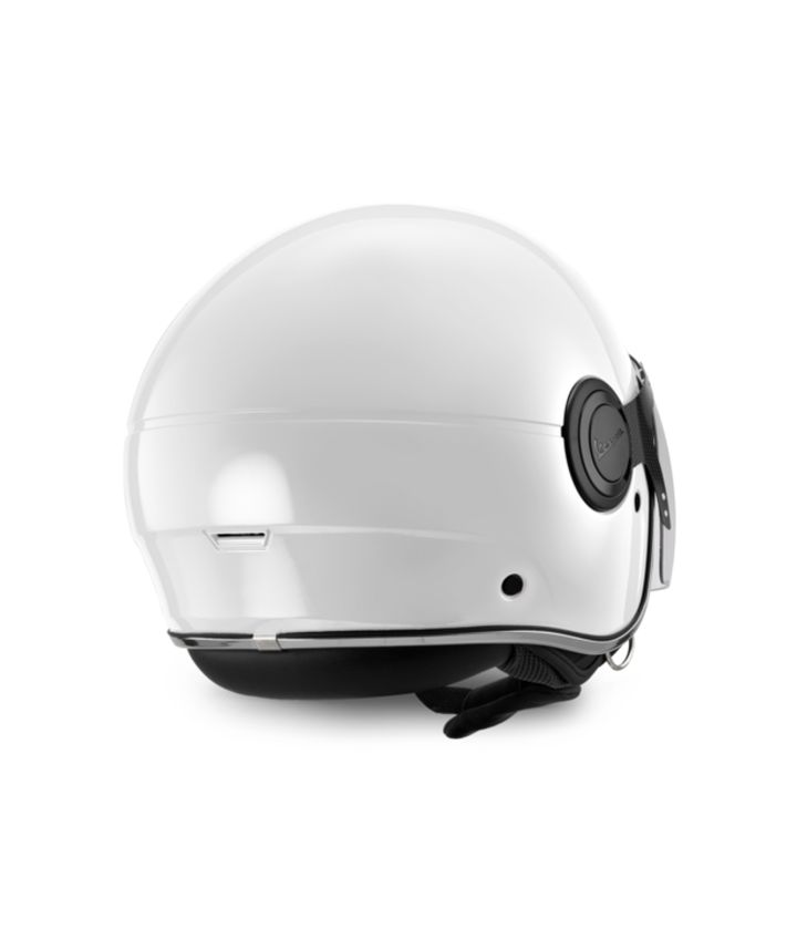 A white motorcycle helmet isolated on a white background, featuring a visor mechanism on the side and a chin strap.