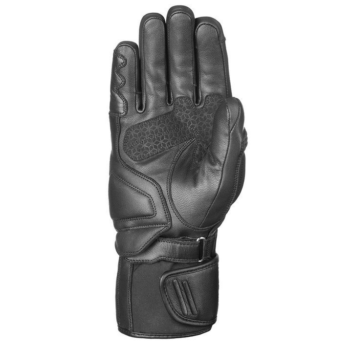 Alt text: A single black leather motorcycle glove with reinforced stitching and padding on the back, displayed against a white background.