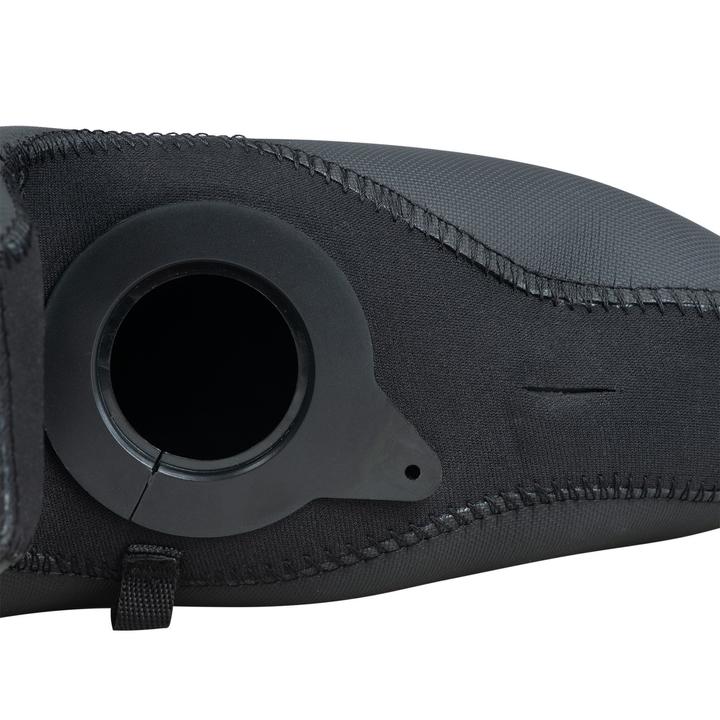 Close-up of a black neoprene knee brace with a circular opening over the kneecap area and reinforced stitching along the edges.