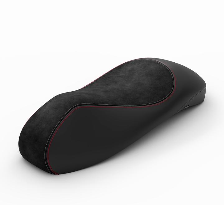 Vespa GTS Sports Seat An ergonomic black gaming mouse with red trim on a white background.