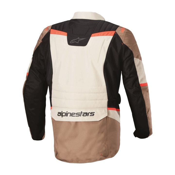 A rear view of an Alpinestars branded motorcycle jacket, featuring a color scheme of white, black, and brown with red accents.