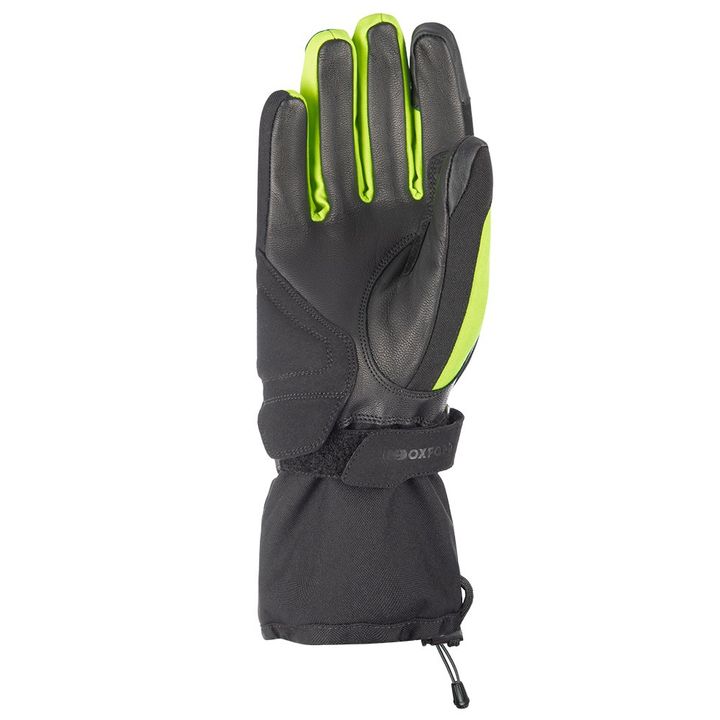 Alt text: A black and neon green Oxford motorcycle glove, showcasing its exterior design with reinforced leather palm and adjustable wrist strap.