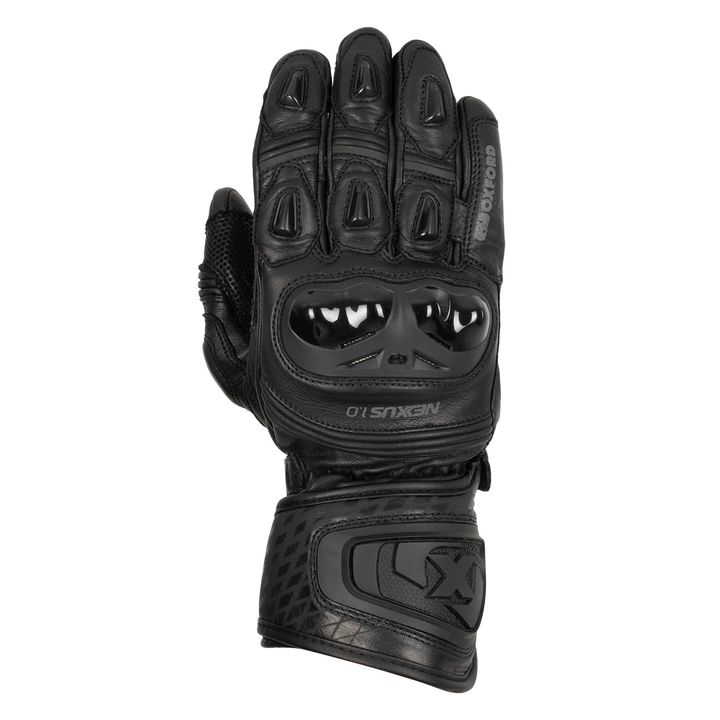 Oxford Cypher 1.0 Short Leather Gloves A single black motorcycle glove with armored knuckles and branded wrist strap on a white background.