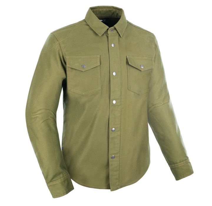 A green button-up shirt with two chest pockets and a collar, displayed on a white background.