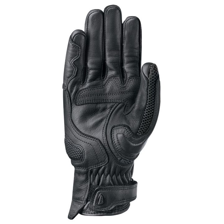 A single black leather motorcycle glove with protective padding and wrist strap displayed against a white background.