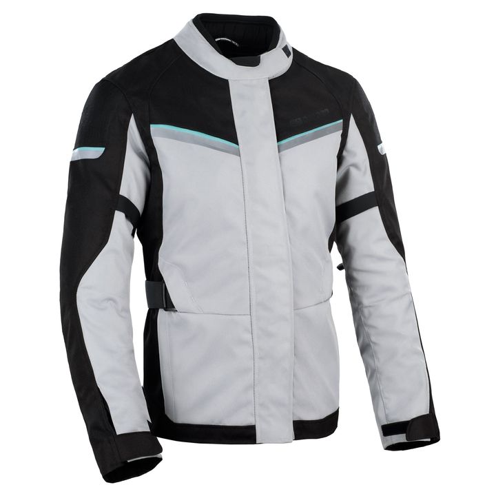 Dakota 3.0 Women's Jacket Motorcycle jacket in black and light gray with reflective stripes and a mandarin collar, displayed on a white background.