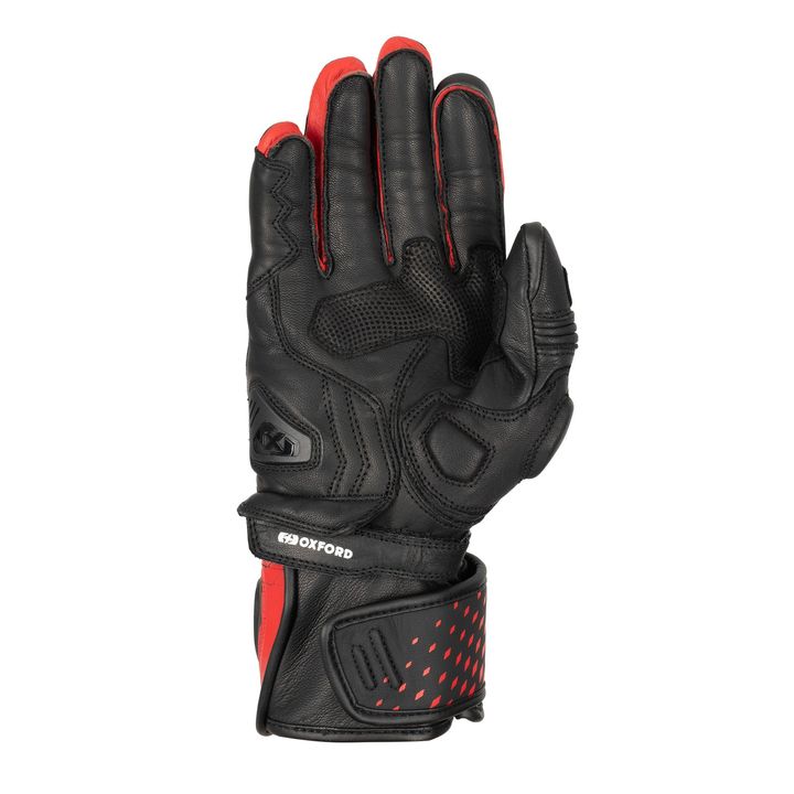 A single black motorcycling glove with red detailing and protective padding on a white background.