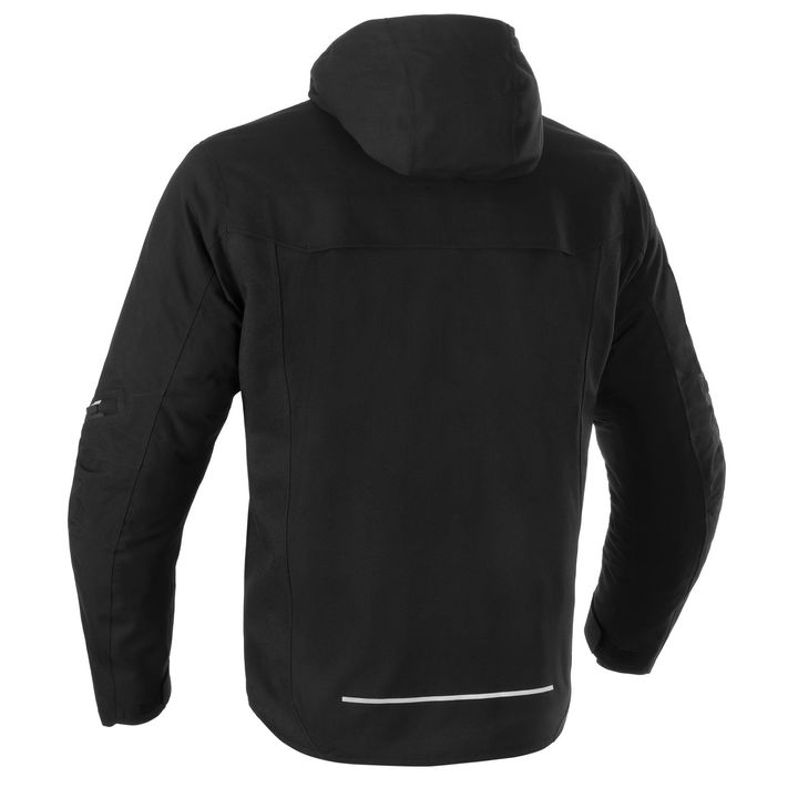 A rear view of a black hooded jacket with a reflective strip near the hem and a logo on the right sleeve.