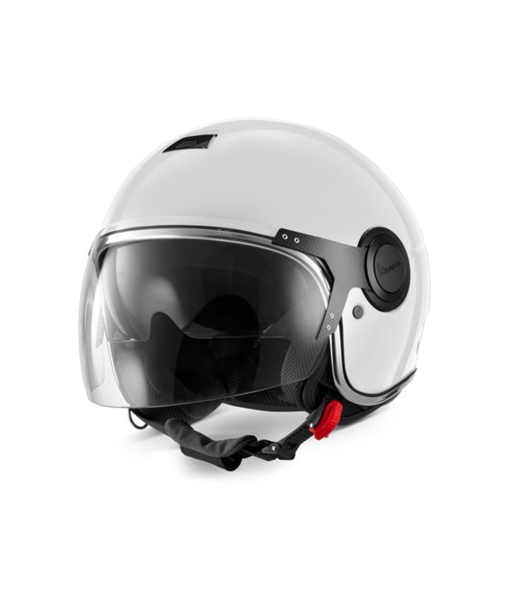 A white motorcycle helmet with a full-face visor and integrated communication system on a white background.