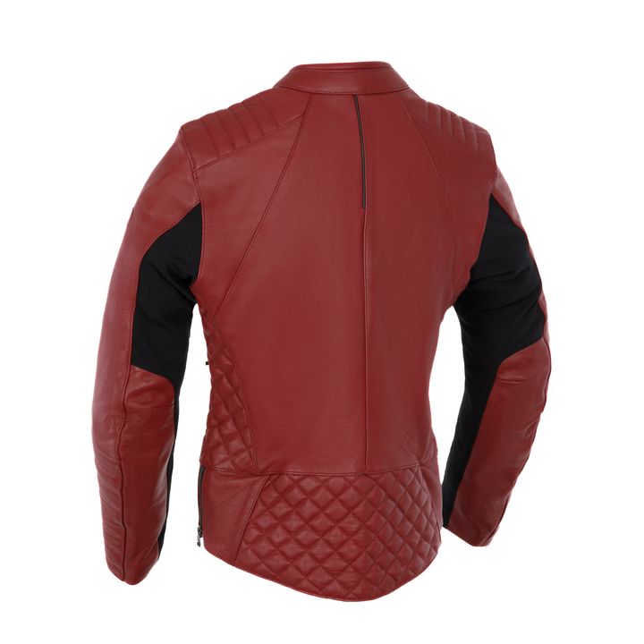 Back view of a red leather motorcycle jacket with quilted lower back panels, black stretch fabric under the arms, and a vertical zipper.