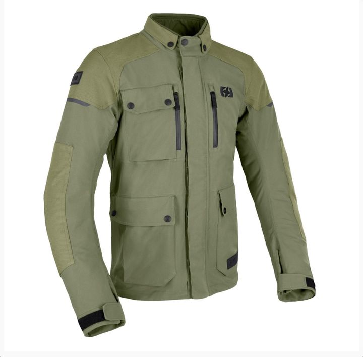 Alt text: Olive green tactical jacket with multiple pockets and reinforced elbow patches displayed against a white background.