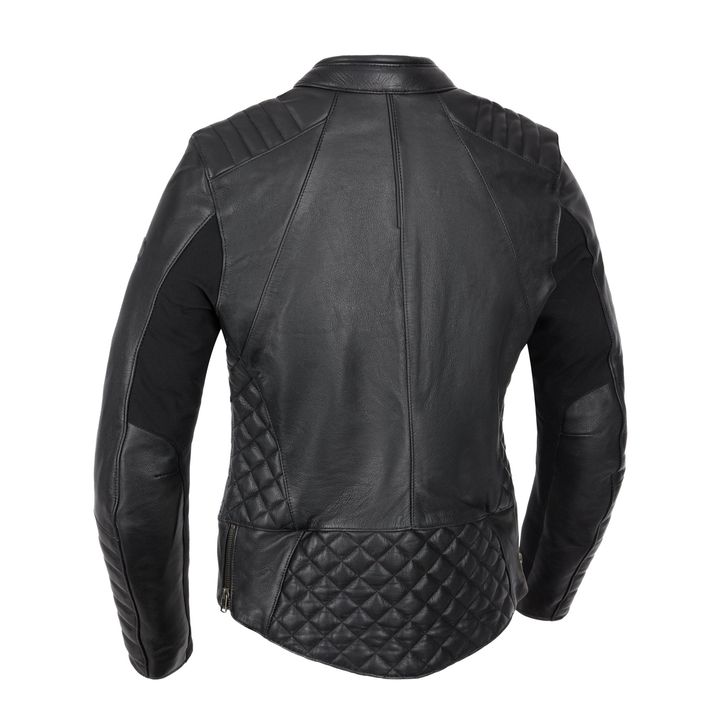 Rear view of a black leather motorcycle jacket with quilted padding on the lower back and shoulders.