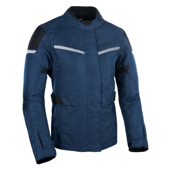 A blue motorcycle jacket with shoulder pads and reflective stripes, branded "OXFORD" on the chest.