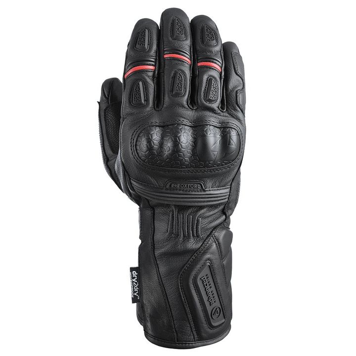 Mondial Long Gloves Mens Alt text: Black motorcycle glove with reinforced knuckles and red stitching accents, featuring the "Oxford" brand logo.