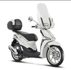 A white modern scooter with a windscreen and a rear storage box parked against a white background.