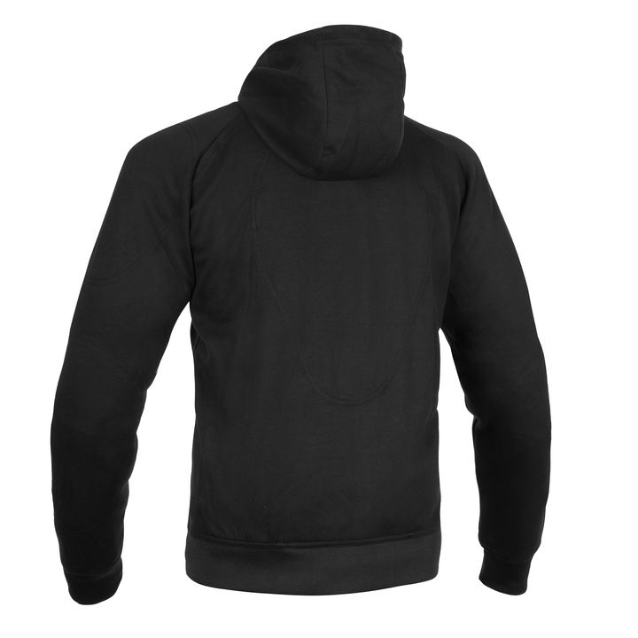 A rear view of a plain black hoodie with a visible hood and a central pocket.