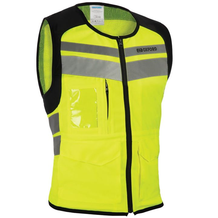 Oxford Utility Bright Top Fluo High-visibility safety vest with reflective stripes, black side panels, pockets, and front zipper.