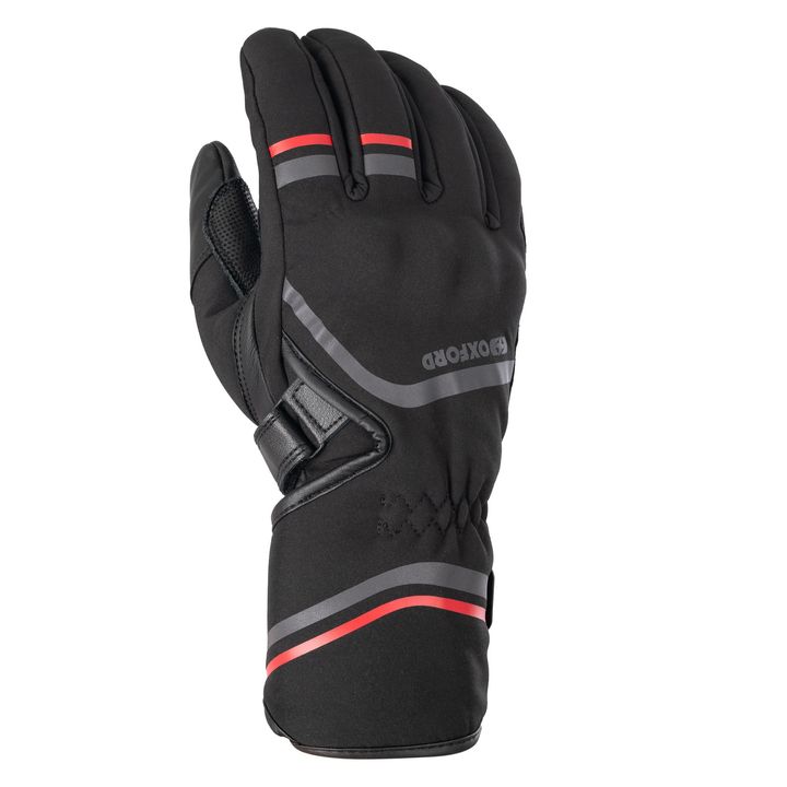 Oxford Ottawa 2.0 Gloves A black winter glove with red and gray accents and a strap around the wrist. The glove displays a reflective logo on the back of the hand.