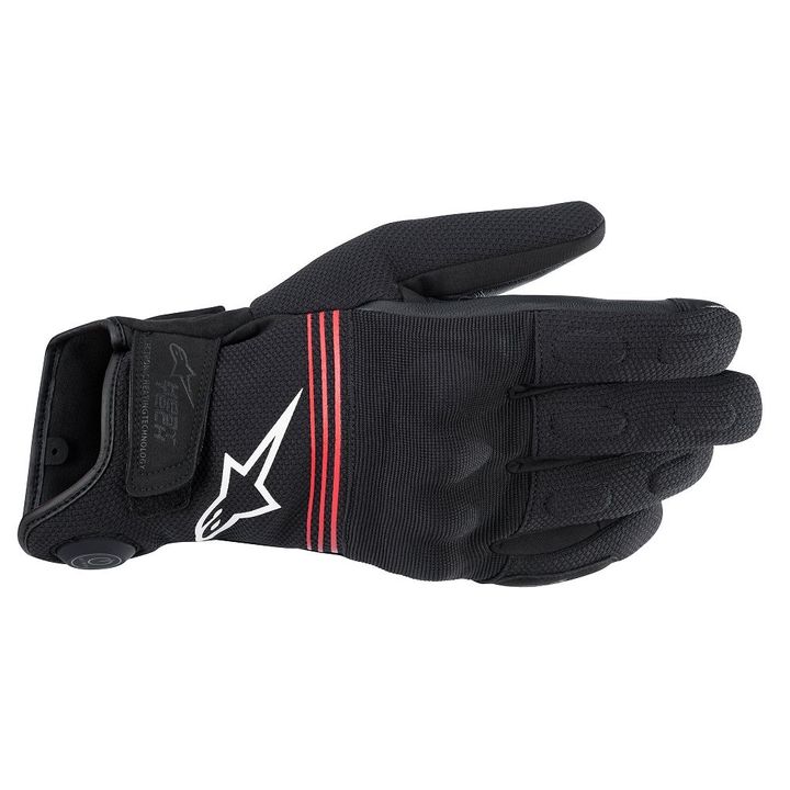 Alpinestars HT-3 Heat Tech Drystar Gloves A single black motorcycle glove with a white and red logo on the cuff, featuring red accent stripes and protective padding on the fingers and back of the hand.