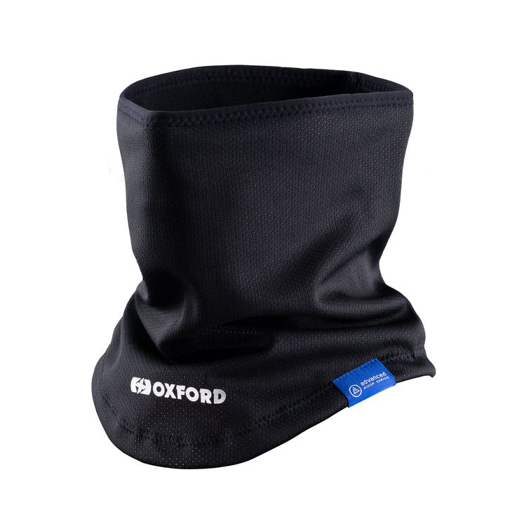 Advanced Storm Collar A black Oxford neck gaiter on a white background with a visible logo and a blue tag on the side indicating the brand.