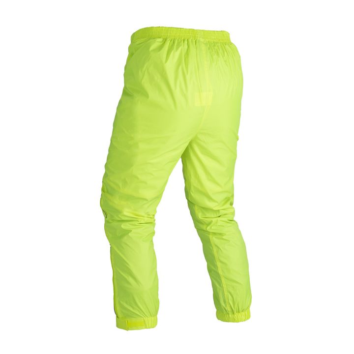 A pair of bright neon yellow athletic pants with elastic cuffs, isolated on a white background.