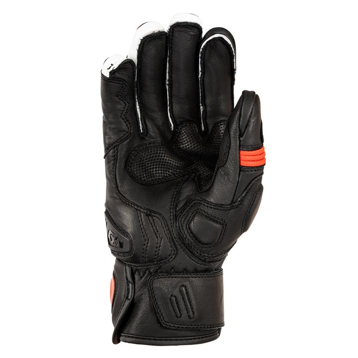 Alt text: A single black motorcycle glove with white accents and protective padding, displayed against a white background.