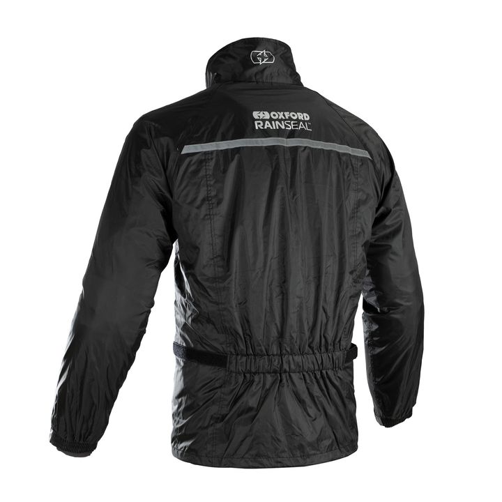 Black rain jacket with "OXFORD RAINSEAL" printed on the back, reflective strip across the shoulders, and cinchable waist, displayed on a white background.