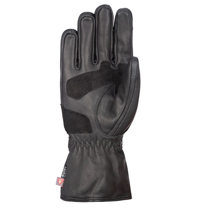 A single black leather glove with reinforced areas and an elastic wrist, isolated on a white background.