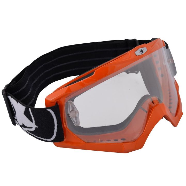 Orange and black motocross goggles with a clear lens and an adjustable strap on a white background.