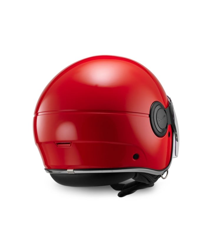 A glossy red motorcycle helmet with a visor mechanism on the side, against a white background.