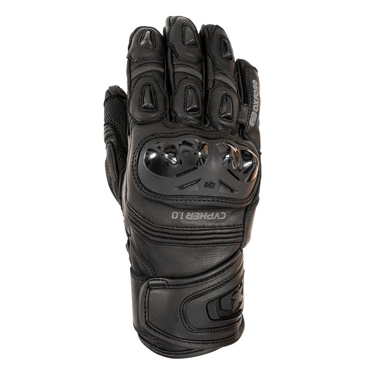 Oxford Cypher 1.0 Short Leather Gloves Alt text: A single black leather motorcycle glove with reinforced knuckle protection and branding visible on the wrist strap.