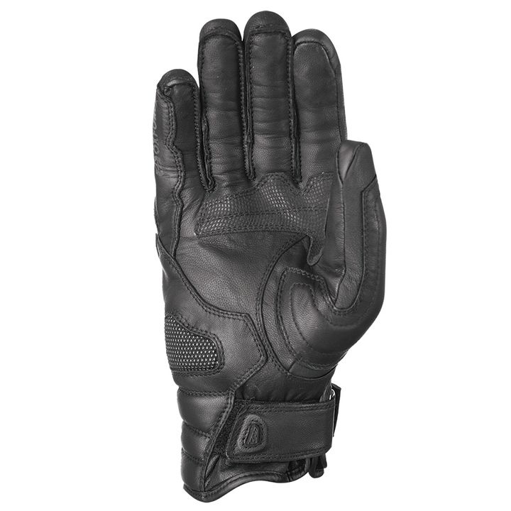 A single black leather motorcycle glove with protective padding and mesh panels on a white background.