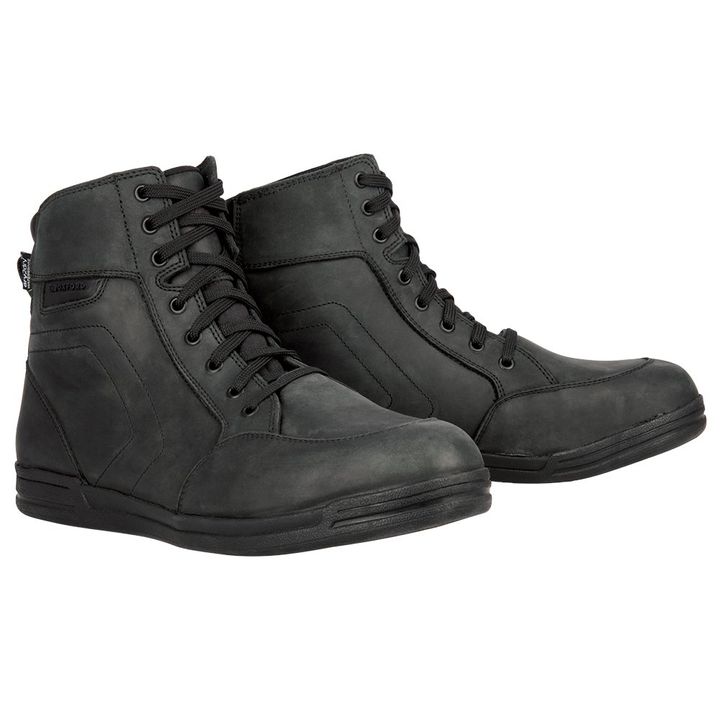 Oxford Kickback MS BootA pair of black leather high-top boots with laces on a white background.