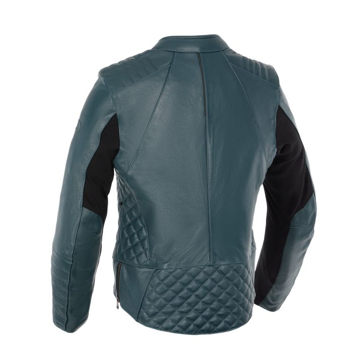 A rear view of a teal leather motorcycle jacket with quilted detailing on the lower back and shoulders, featuring stretch fabric under the arms and a stand-up collar.