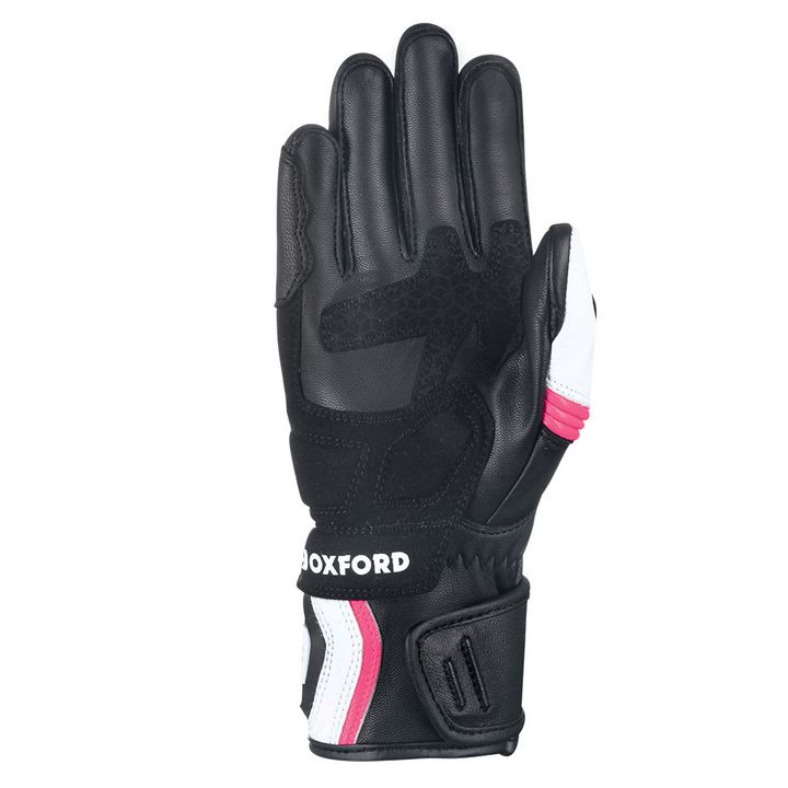 A black motorcycle glove with white, pink, and gray accents, and the word "OXFORD" on the wrist strap.