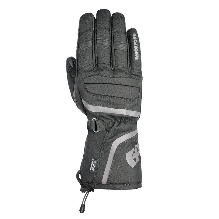 A single black and gray snow glove with padded fingers and wrist cinch against a white background.